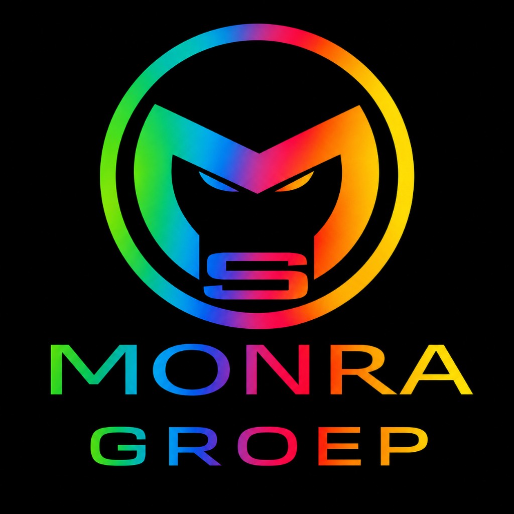 Monra Groep — rainbow logo met MONRA GROEP